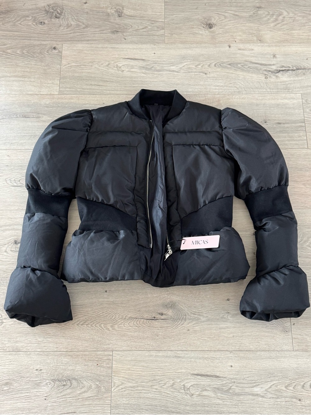 Micas Black Puff-Sleeve Quilted Jacket - Women Peplum Waist - Picture 2 of 4